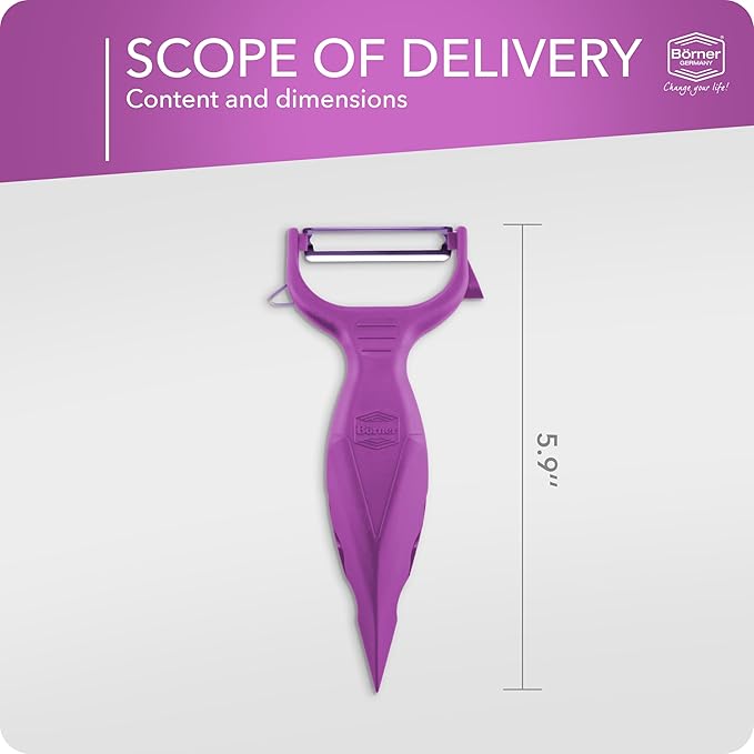 Borner 6-in-1 Fruit and Vegetable Peeler with Stainless Steel Double-Edged Blade, Multi function with Corer, Potato Eye Remover and Mini Grater, Made in Germany, Purple