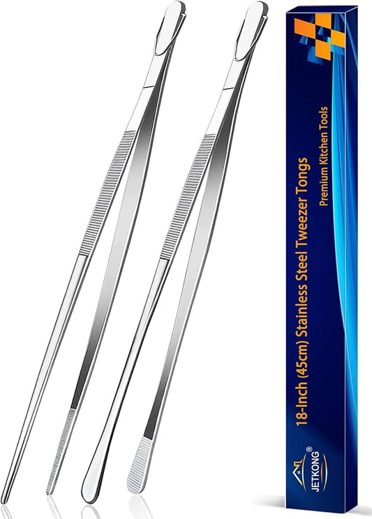 JETKONG 2 Pcs 18 Inch (45cm) Stainless Steel Grill Tongs Heavy Duty Giant Tweezer Tongs, Extra Large Tweezers Tools for Cooking, Grilling, BBQ and Turning Food (Silver)