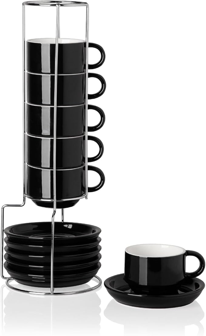 Sweejar Ceramic Espresso Cups Set of 6, Espresso Cup Stackable, 4 Oz Stackable Cappuccino Cups with Saucers and Metal Stand for Coffee Drinks, Americano, Latte, Tea (Black)