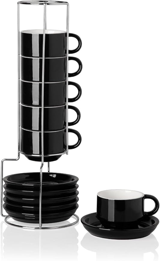 Sweejar Ceramic Espresso Cups Set of 6, Espresso Cup Stackable, 4 Oz Stackable Cappuccino Cups with Saucers and Metal Stand for Coffee Drinks, Americano, Latte, Tea (Black)