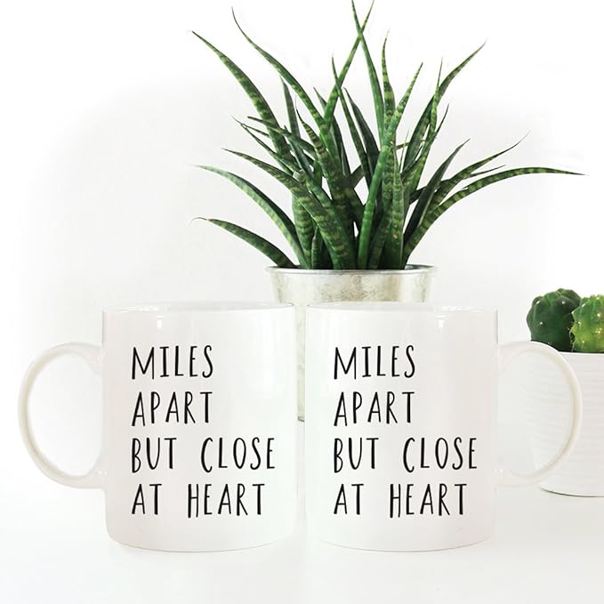 Andaz Press Funny Couples 11 oz Ceramic Coffee Mugs, Miles Apart But Close at Heart, His and Hers Mugs Set of 2, Valentines Day Coffee Mug for Him and Her, Mr and Mrs Mugs, Couple Mugs for Husband
