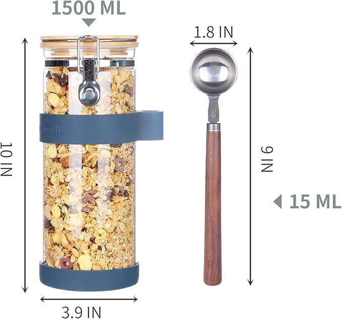KKC 1.5-Quart Large Glass Nuts Storage Container, Airtight Food Storage Jar with Bamboo Lid & Scoop, Keeps Nuts Crunchy & Fresh, Perfect for Pantry Organization & Storing Nuts, Almonds, Peanuts