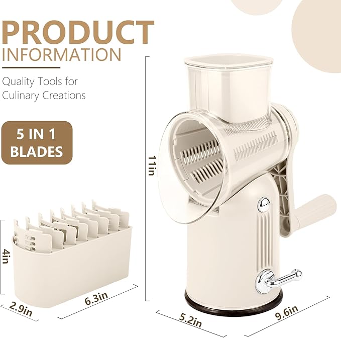 Rotary Cheese Grater with Handle: 5-in-1 Cheese Grater Hand Crank, Strong Suction Base for Fruit Vegetables Nuts with Blade Storage Box (White)