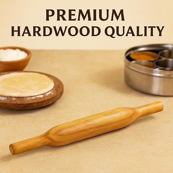 Handcrafted Wooden Rolling Pin,Belan,Belna,Traditional Belan for Roti, Chapati, Dough, Pastry – Handcrafted Hardwood Dough Roller with Easy Grip Handles – Smooth Finish (Thin Belan)