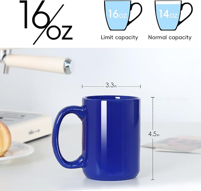 16 OZ Porcelain Coffee Mugs, Classic Blank Ceramic Cup with Large Handle for Tea Latte Cappuccino, Set of 4, Blue