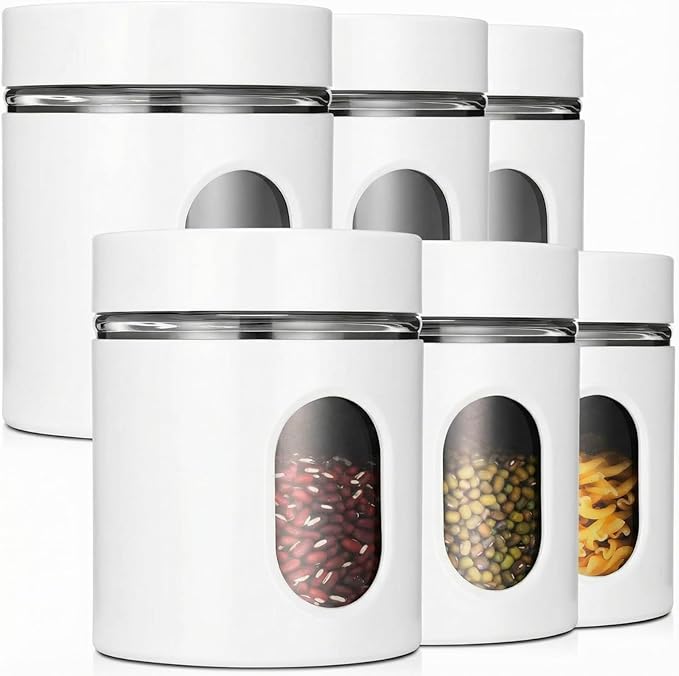 Mimorou 6 Pack Kitchen Canisters Set Airtight Coffee Sugar Tea Storage Jars with Window Glass Stainless Steel Containers with Lids for Flour Cookies Spices Grains Kitchen Decorations(White,20 oz)