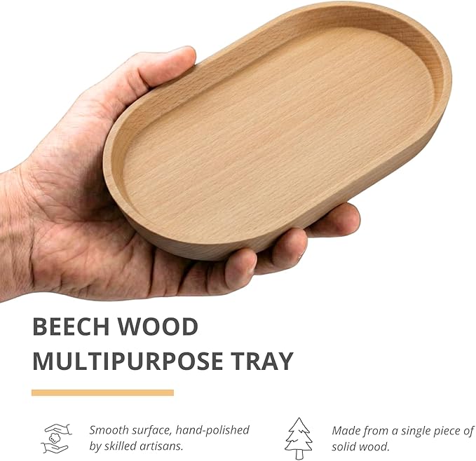 Vandroop Wooden Mini Serving Tray for Parties, Tea & Coffee Table, Small Oval Wood Plate for Fruit & Snacks, Decorative Tray for Jewellery, Keys & Coins, Tray for Bathroom (Beech Wood, 7.8'4.66')