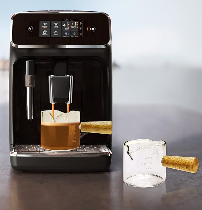 2Pcs Double Spouts Espresso Shot Glasses Measuring Glass Espresso Cups Cookware With Wood Handle for Milk Coffee, 100 ml