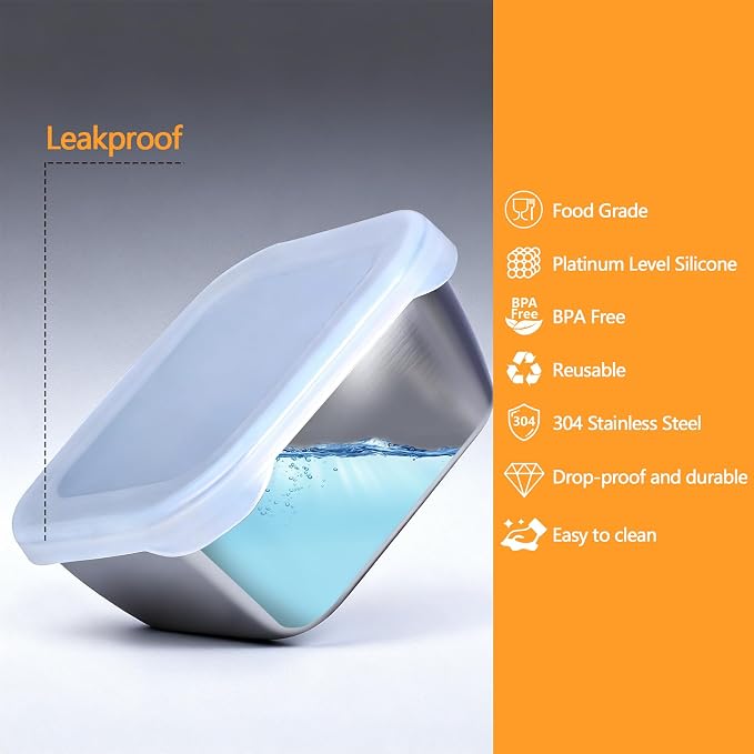 5 Pack 13.53 oz (400 ml) 304 Stainless Steel Snack Container – Leak-Proof, Grill & Oven Safe, Freezer & Dishwasher Safe, BPA-Free Silicone Lid, for Snacks, BBQ, Lunch, Camping, Baking