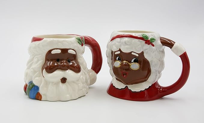 Fine Ceramic Christmas Holidays African American Mr. & Mrs. Santa Claus Mug Set of 2 (2 Pieces Set), 5-3/4'' L, Red, White, Brown, 5.75'' * 4.25'' * 4'', 5.50'' * 4'' * 4.25''