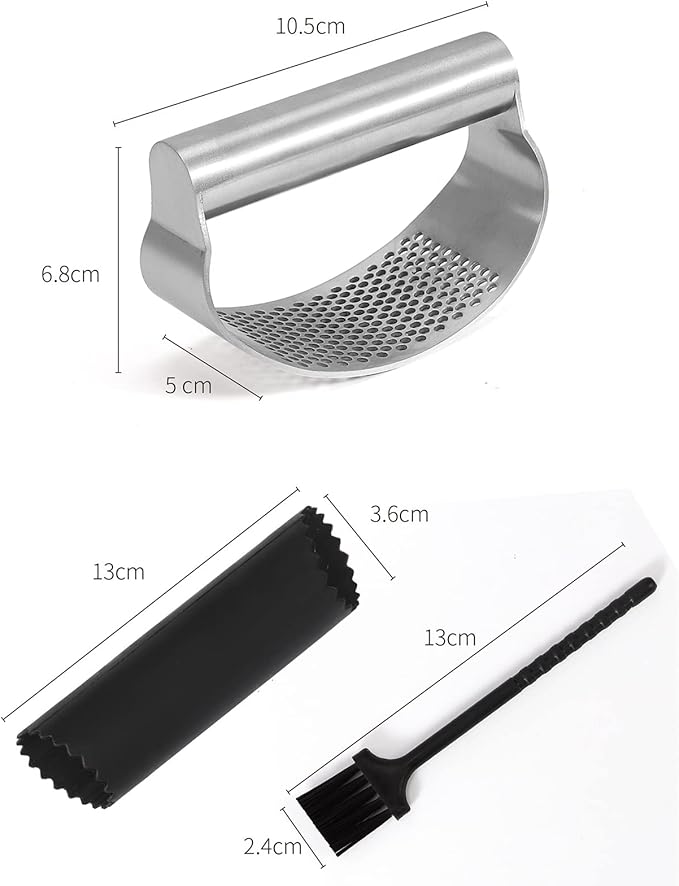 Stainless Steel Garlic Press Rocker, Matching Silicone Roller Peeler & Cleaning Brush, Sturdy Garlic Crusher & Slicer