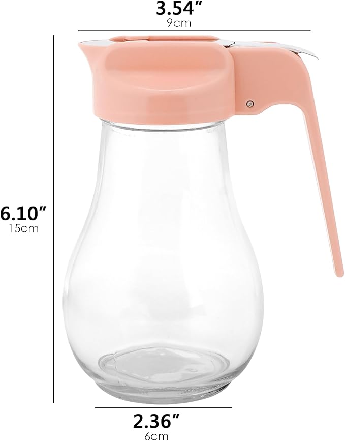 13.5oz Glass Syrup Dispenser with No-Drip Stainless Steel Spout - Honey Jar, Maple Syrup Pourer & Oil Cruet - Pink Kitchen Container for Pancakes & Waffles