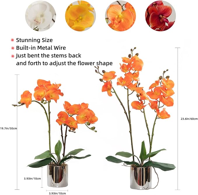 CXGS Artificial Orchid Flower Plant Real Touch Faux Orchids in Ceramic Vase Orange 19.7'' Fake Phalaenopsis Flower Arrangement Centerpiece Home Indoor Decor