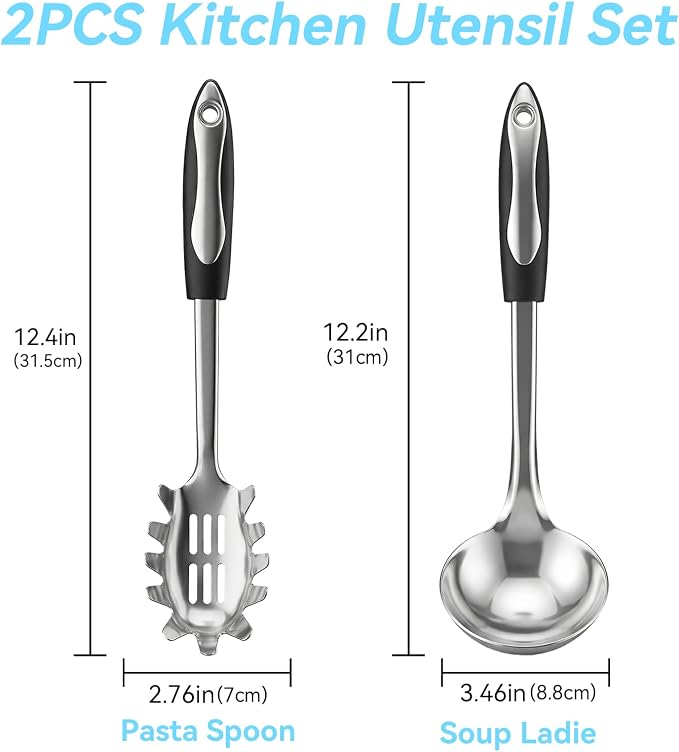 2 PCS Stainless Steel Soup Ladle and Spaghetti Spoon, Heat Resistant Non‑Slip Handle, Dishwasher Safe Kitchen Utensils for Cooking, Stirring, Serving Pasta, Soup and Sauce