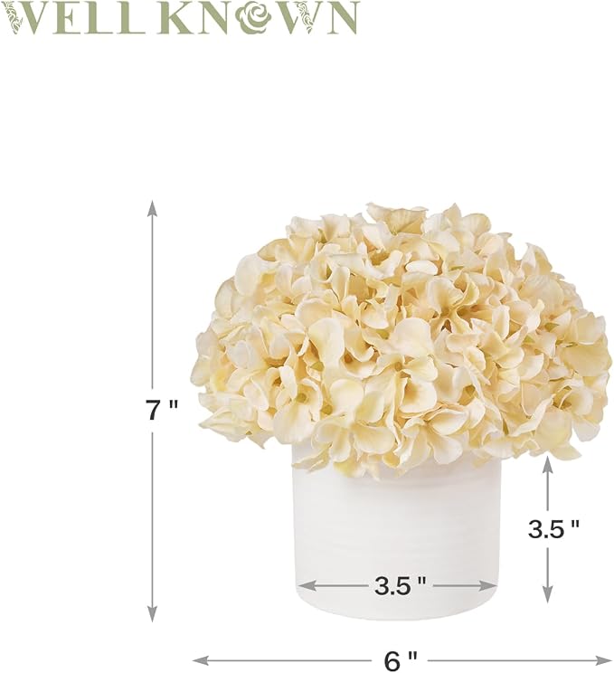 Fake Silk Hydrangea Flowers in Vase, Artificial Flowers with White Ceramic Vase, Small Potted Floral Arrangement for Home Kitchen Counter Vanity Coffee Table Centerpiece Bathroom Decor (Champagne)
