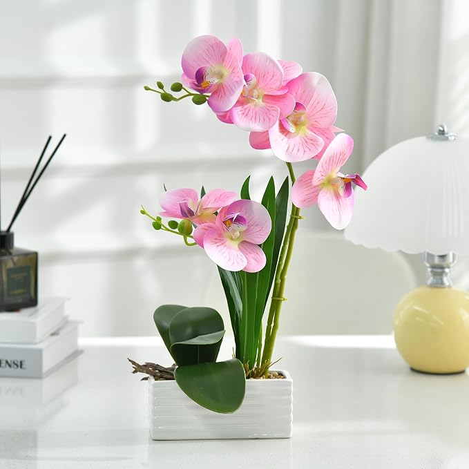 Artificial Real Touch Orchid Flowers in Pot Fake Phalaenopsis Flower with White Ceramic Vase Faux Orchids Arrangement for Home Table Office Wedding Party Decoration (Pink)