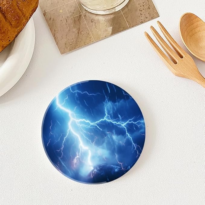 Ceramic Stone Cork Coasters for Drinks Tableware, Dark Blue Sky with Lightning Striking Earth Round Absorbent Durable Aesthetic Art Cup Mat Protects Tables and Surfaces Set of 1 (4 * 4 Inch)