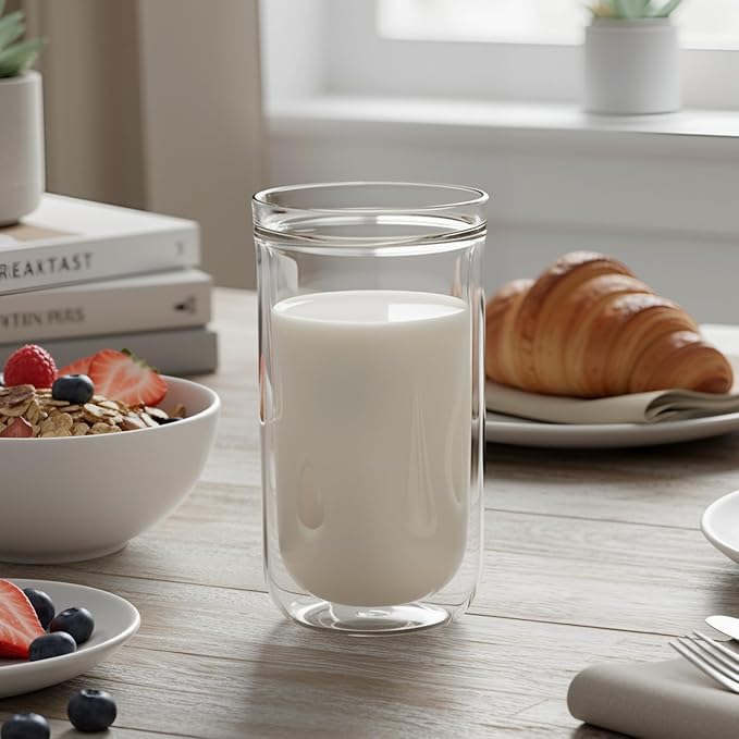 Aquach Double Wall Glass Cup 16oz 2pcs, Clear Insulated Coffee Drinking Glasses, Single Mouth/Double Body