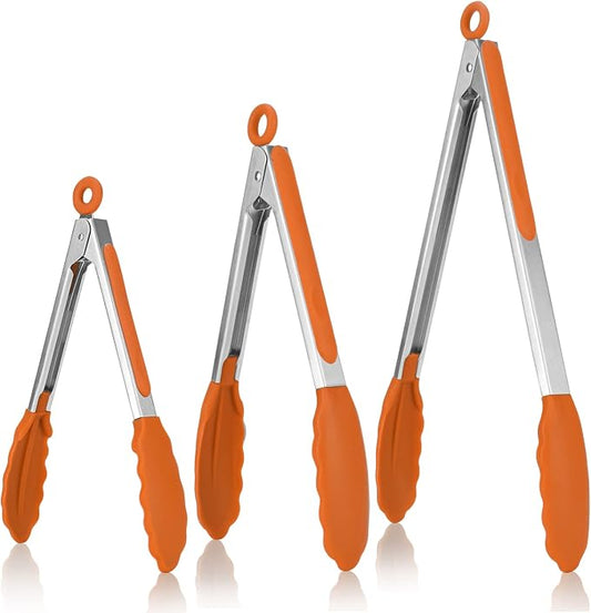 Kitchen Tongs, U-Taste 7/9/12 inches Cooking Tongs, with 600ºF High Heat-Resistant Non-Stick Silicone Tips, 18/8 Stainless Steel Handle, for Food Grill, Salad, BBQ, Frying, Serving, Pack of 3(Orange)