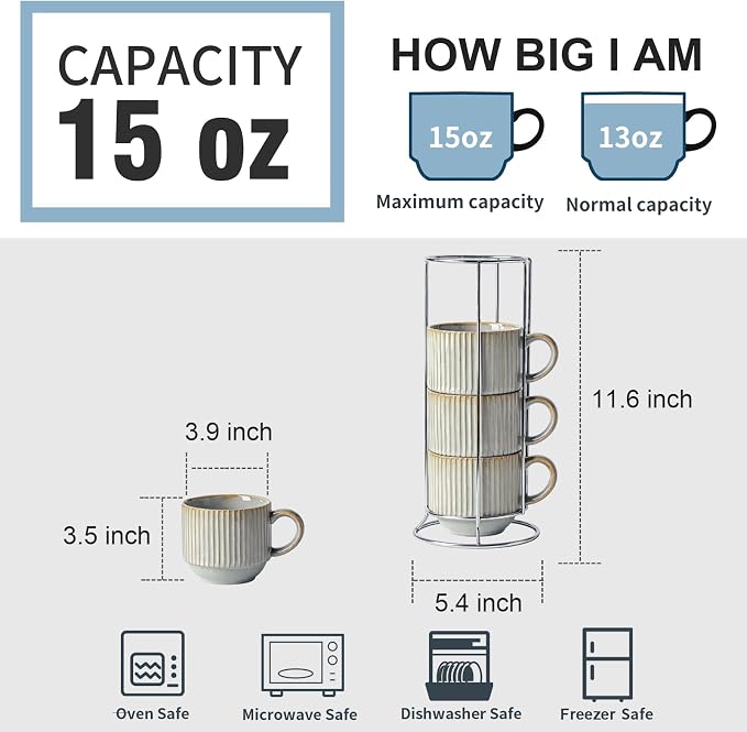 HASENSE Stackable Coffee Mugs, 15 Oz Ceramic Coffee Mugs with Stand, Vertical Striped Coffee Cups Set of 4 with Handle, Space-Saving Suitable for Kitchens and Coffee Nook, Blue-Gray