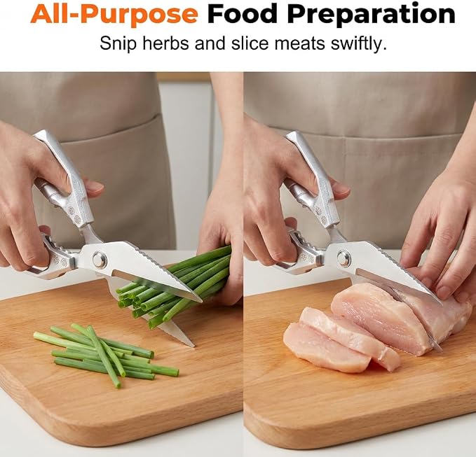 Heavy Duty Kitchen Scissors for Food with Ergonomic Anti-Slip Handle,Stainless Steel Chicken Bone Cutting Scissors Kitchen Tools,Poultry shears for Chicken, Meat, Seafood, Bone Cutting (Sliver, 2PCS)