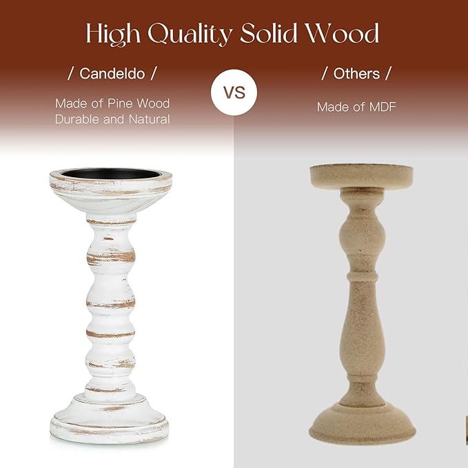 Candeldo Wood Candle Holders for Pillar: Rustic Candles Holder Set of 3 Tall Table Centerpiece Shabby Chic Decor Wooden White Farmhouse Decorations for Fireplace Mantle