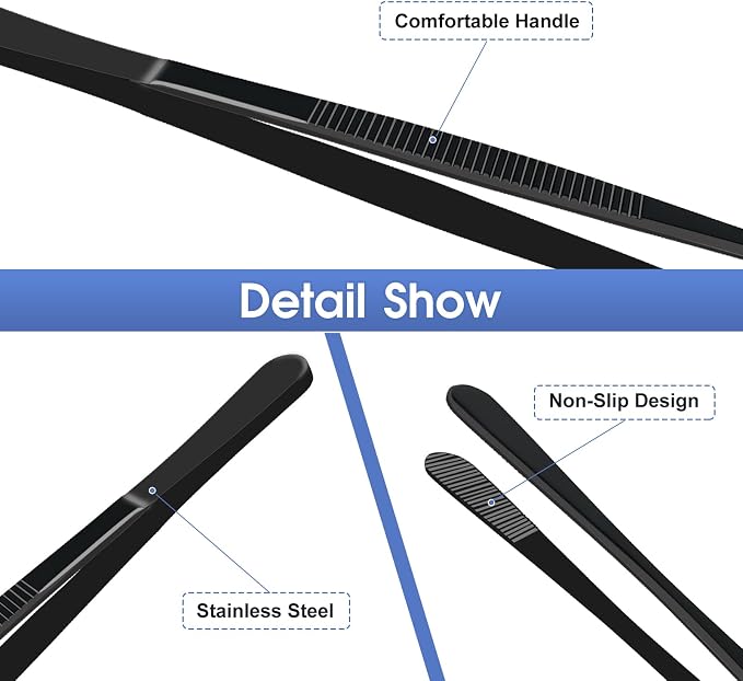 Kitchen Tweezer Pasta Tongs, 10-Inch Cooking Tweezers Food Tongs, Stainless Steel Culinary Tweezers Grilling Tongs (8-Inch Wide Ends)