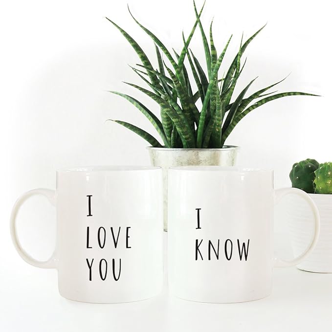 Andaz Press Funny Couples 11 oz Ceramic Coffee Mugs, I Love You, I Know, His and Hers Coffee Mug Set of 2, Valentines Couples Mugs for Him and Her, Mr and Mrs Mugs, Couple Mugs for Husband and Wife