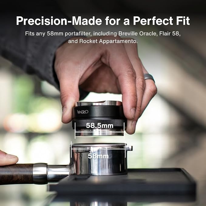 CREMA Coffee Products 58.5mm Hand Tamper & Distributor | Compatible with any 58mm | Double-Sided, Adjustable Depth Tool | Made with Durable 304 Stainless Steel | Black