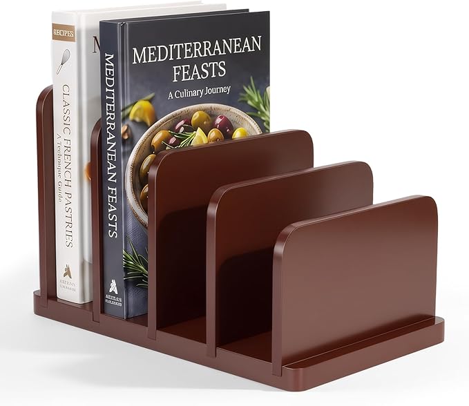 Bamboo Cook Book Organizer，4 Sections，Cookbook Stand for Kitchen Counter，Sturdy Recipe Book Holder Stand for Convenient Cookbook Storage（Burgundy）
