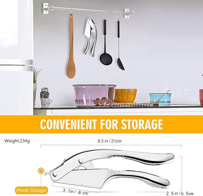 Garlic Press Stainless Steel, 2 in 1 Garlic Mincer, Garlic Slicer, Dual Function Garlic Crusher, Professional Handheld Garlic Squeezer Tool with Anti-Slip Handle, Perfect for Home Cooks