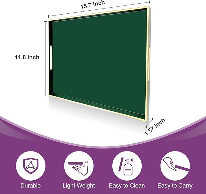 Gifturbo Large Serving Tray with Handles，Green Rectangular Plastic Elegant Decorative Coffee Table Trays for Ottoman, Living Room, Bathroom, Home Decor, Vanity Tray with Gold Trimming, 15.7” x 11.8”