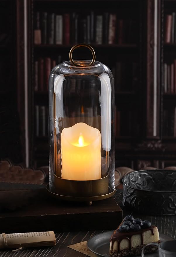 12" High Versatile Modern Metal Hurricane Lantern with Handmade Sturdy Glass Dome in Antique Brass for Pillar Candle & Plants, Industrial, Farmhouse, Shabby Chic (Brass, 5"x12")