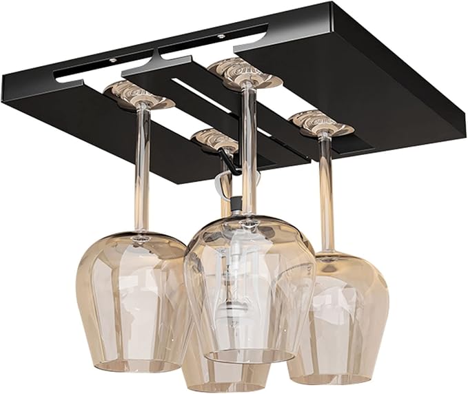 V3VOGUE Hanging Wine Glasses Holder Under Cabinet, 2/3/4/5/6 Rows Black Metal Wine Glasses Hanger, Glass Storage Rack Organiser for Cupboard Kitchen Bar (Size : 2 Row)