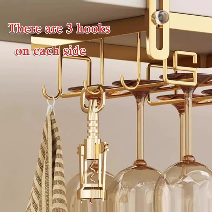 Adjustable Wine Glass Rack Under Cabinet, Hanging Metal Wine Glass Holder, Glasses Storage Hanger with 6 Hooks (Color : Gold, Size : 24x23cm(9.4x9inch))