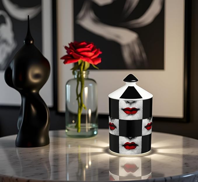 Decorative Candle Holder Handcrafted Aromatherapy Candle Jar Italian Designer Décor Fashionable Tabletop Vase Modern Art Female Face Eyes Lips Centerpiece. (Red Lips Black Squares)