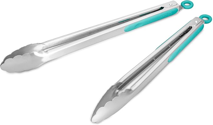 ALLWIN-HOUSEWARE W 304 Stainless Steel Kitchen Cooking Tongs, 12" and 14" Set of 2 Sturdy Grilling Barbeque Brushed Locking Food Tongs with Ergonomic Grip, Aqua Sky