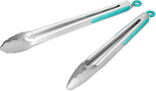 ALLWIN-HOUSEWARE W 304 Stainless Steel Kitchen Cooking Tongs, 12" and 14" Set of 2 Sturdy Grilling Barbeque Brushed Locking Food Tongs with Ergonomic Grip, Aqua Sky