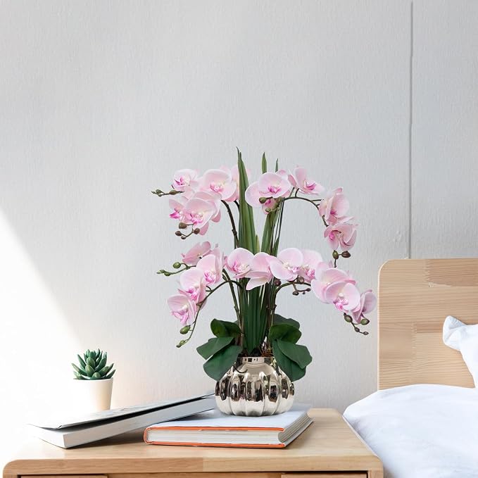 CXGS Artificial Orchid Flower Real Touch Faux Orchids in Ceramic Vase Large 22.9'' Fake Flowers Pink Phalaenopsis Floral for Home Indoor Decor