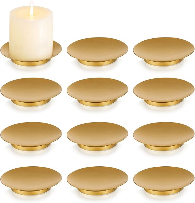 Romadedi Iron Candle Holder Plate, Gold Candle Holders for Pillar, Set of 12 Small Metal Candle Tray for Coffee Table Decor, Wedding, Party, Home Decor