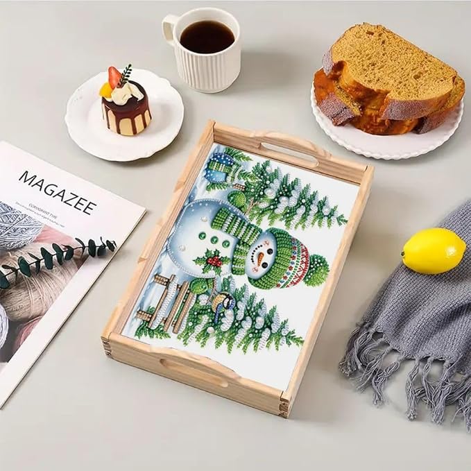 DIY Diamond Serving Tray Rectangular Breakfast Tray with Handle Handmade Diamond Art Painting Wooden Tray for Dinner Plate Coffee Room Living Home Organizer-Snowman
