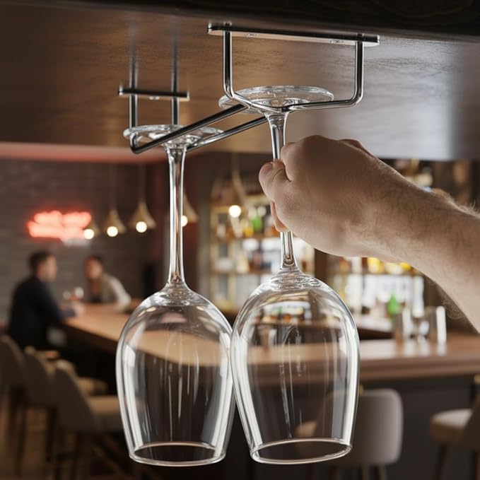 TrueCraftware- 16-Inch Wine Glass Rack Brass Finish Set of 2- Stemware Rack Wire Hanging Rack Under Cabinet Wine Glass Stemware Holder Storage Hanger Organizer for Kitchen and Bar