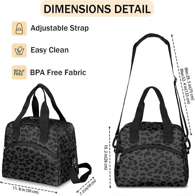 Pardick Leopard Cheetah Black Insulated Lunch Bag for Women Leakproof Lunch Box Large Cooler Thermal Tote Bag with Shoulder Strap Meal Prep Bags for Work School Office Picnic Teen Girls Adult
