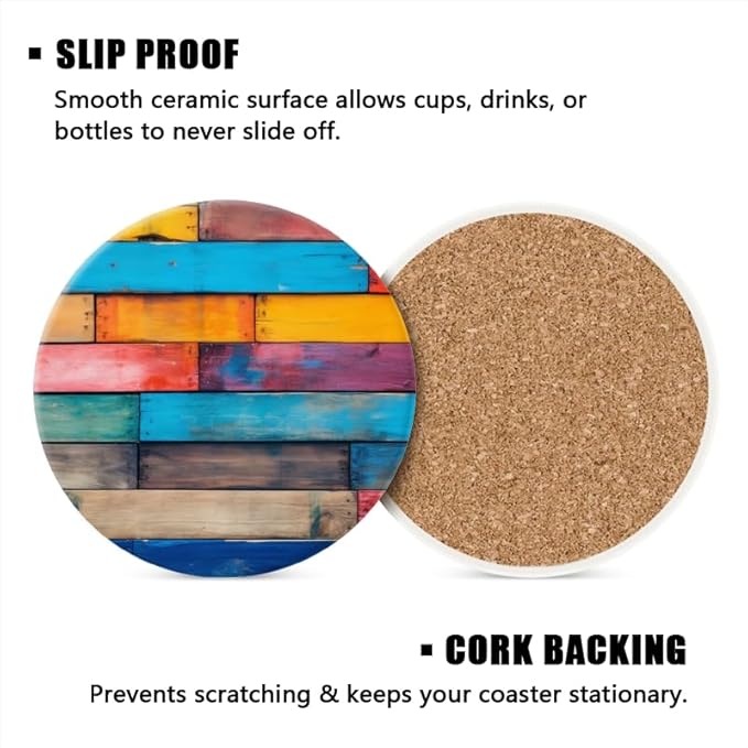 Ceramic Drink Coasters Absorbent Set of 1, Colorful Wood Wall Background with Wooden Slats Round Anti Slip Modern Cup Coasters for Desk Kitchen Office Housewarming Hostess Gifts (4 * 4 Inch)