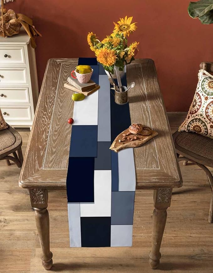 Modern Black White Table Runner 48 Inch Long Dresser Scarves Abstract Grey Blue Cotton Linen Tablerunners Patchwork Geometric Dining Kitchen Burlap Table Setting Decor for Party Holiday Home, 13"x48"