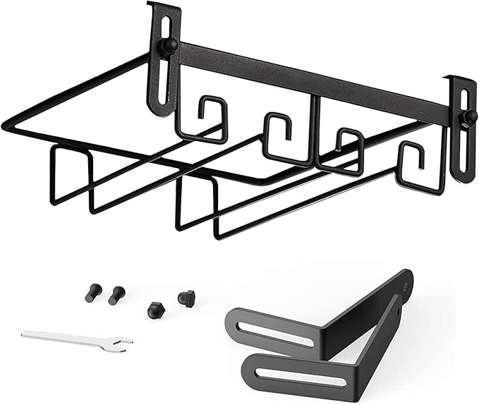 Hanging Wine Glass Rack Black Adjustable, Solid Iron Wine Glasses Hanger, Metal Under Cabinet Stemware Rack 3 Rows, 4 Rows, Convenient Storage And Space-saving