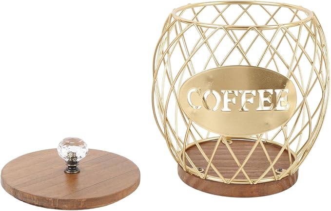 EVGATSAUTO Large Capacity Coffee Capsule Organizer Iron Pod Holder with Wood Base K Cup Storage Coffee Pods Basket with Lid for Kitchen Cafe Bar Coffee Bar Accessories