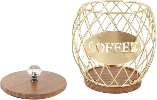 EVGATSAUTO Large Capacity Coffee Capsule Organizer Iron Pod Holder with Wood Base K Cup Storage Coffee Pods Basket with Lid for Kitchen Cafe Bar Coffee Bar Accessories
