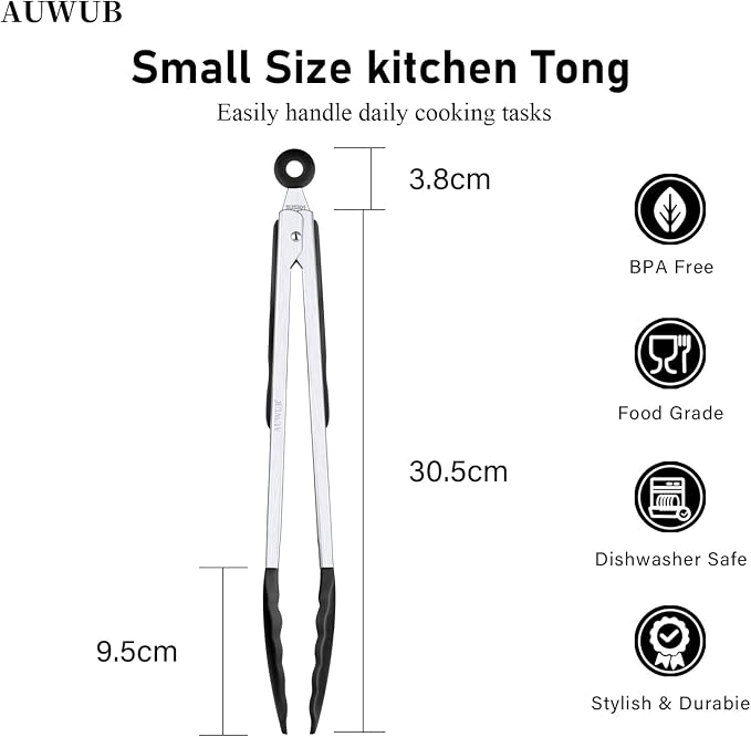 Silicone Salad Tongs - 12 Inch, 304 Stainless Steel Core & Non-Slip Grip, Black Color, Kitchen Utensils for Grilling Salad