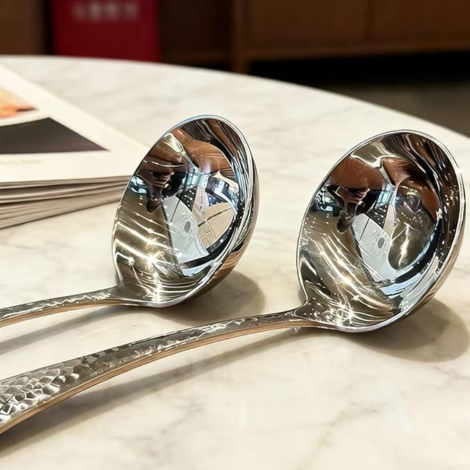 7.08 Inch Small Ladle, Premium 18/10 Stainless Steel, Hammered Gravy Ladle for Serving Soup, Sauces, Gravies, Silver